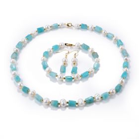 White Pearls and Amazonite Column Beads Jewelry Set Necklace Bracelet Earring