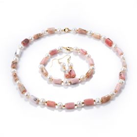 Pink Opal and White Pearl Beaded Women's Jewelry Set Necklace Bracelet and Earring