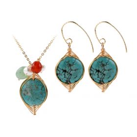 Flat Turquoise Pendant Gold Plated Brass Chain Necklace matching with Drop Earring