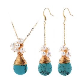 Teardrop Turquoise and Pearl Beads Cluster Drop Pendant Chain Necklace Earrings Set