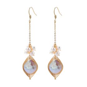 White Coin shaped Freshwater Cultured Pearl Drop Long Dangle Earrings