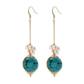 Flat Turquoise and Pearl Beads Cluster Drop Long Chain Dangle Earrings