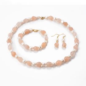 Faceted Pink Aventurine Stone and White Freshwater Pearl Beaded Necklace Bracelet Drop Earrings Jewellery Set