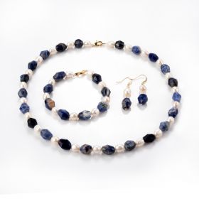 Faceted Sodalite and White Freshwater Pearl Beaded Necklace Bracelet Earrings Set