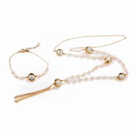 New Design Freshwater Pearl Chain Necklace with Tassel and Bracelet Jewelry Set