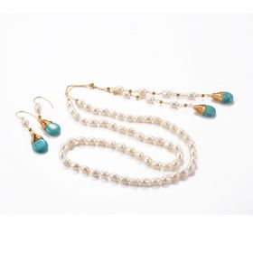 Freshwater Pearl Necklace with Teardrop Turquoise Pendant Tail Chain and Drop Dangle Earrings Jewelry Set