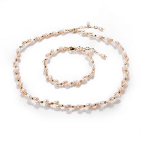 Dainty Pink and White Color Freshwater Rice Pearl Necklace Strand and Matching Bracelet