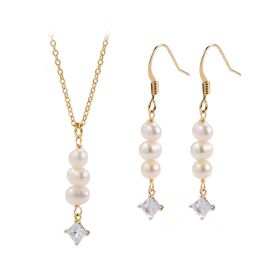 Gold Plated Brass Chain White Rice Pearl with CZs Pendant Necklace and Drop Dangle Earring Jewelry Set