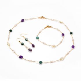 Delicate Russian Amazonite Amethyst Citrine Pearls Gemstone Chain Necklace Bracelet Earrings Set