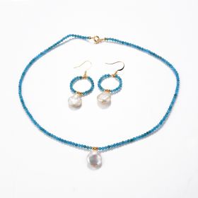 Baroque Coin Pearl Pendant Faceted Blue Apatite Beaded Necklace and O shaped Earrings Jewelry Set