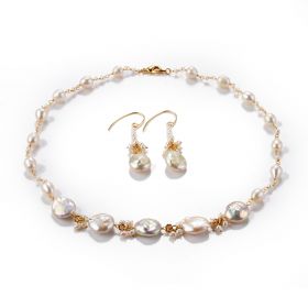 Baroque White Freshwater Pearl Chain Link Necklace and Dangle Earrings Set