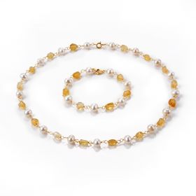 Classic Citrine and Freshwater Pearl Bohemian Jewelry Necklace Bracelet Set for Women