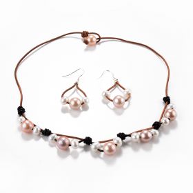 Pink White Freshwater Pearls Knotted on Leather Cord Necklace Earrings Set