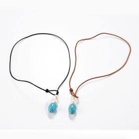 White Freshwater Pearl and Turquoise Leather Lariat Necklace