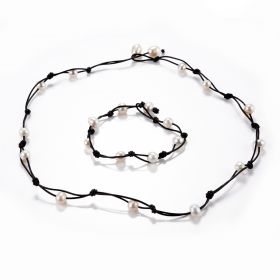 Leather with White Freshwater Pearl Handmade Women's Necklace Bracelet Jewelry