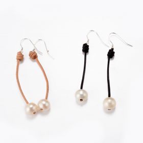 Single 9-10mm White Pearl Leather Drop Dangle Earrings 925 Sterling Silver Ear Wire