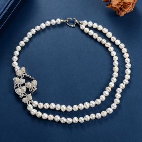 Women's Butterfly White Pearl Strand Two Layered Necklace