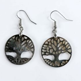 Carved Black Mother of Pearl Shell Round Tree of Life Earrings