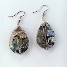 Tree of Life Dangle Earrings Abalone Teardrop Shell Handmade Wire Wrapped Drop Earrings