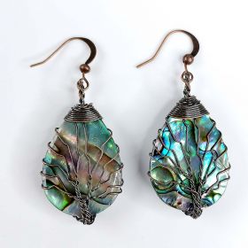 Tree of Life Earrings Teardrop Abalone Paua Shell with Copper Wire Wrapped