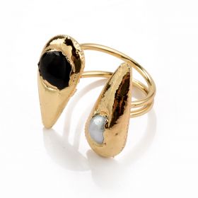 White Baroque Pearl and Black Cat's Eye Stone Inlaid Gold Plated Brass Open Rings Adjustable