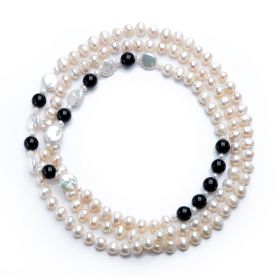 White Freshwater Pearls & Black Agate Opera Necklace