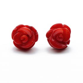 Charming 10mm Carved Rose Flower Red Coral 925 Silver Stud Earrings Gift for Ladies Girls