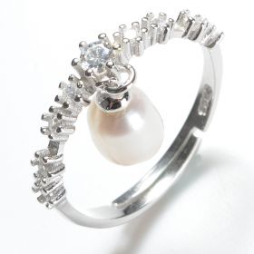 925 Silver Teardrop 6*8mm White Pearl Clear CZ Adjustable Ring