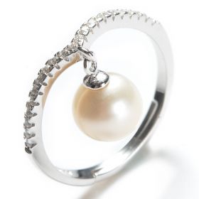 925 Silver Clear CZ Adjustable Ring 7-8mm White Round Pearl