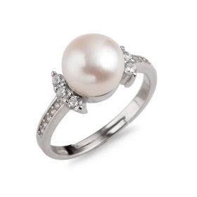 8.5-9mm Bread Freshwater Cultured Pearl 925 Silver Zircons Ring Sweet