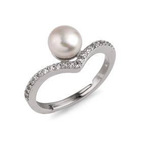 6.5-7mm Bread Freshwater Cultured Pearl Ring 925 Silver Zircons Inlaid Adjustable