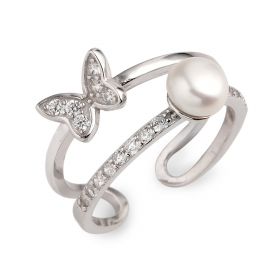 Bread Freshwater Cultured Pearl Little Butterfly 925 Silver Zircon Studded Opening Style Ring