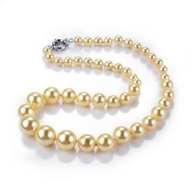 Yellow Round Shell Pearl Hand Knotted Strand Necklace 20.5 inch