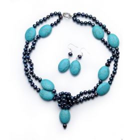 Double Strands Potato Black Pearls Blue Turquoise Necklace Earrings Set