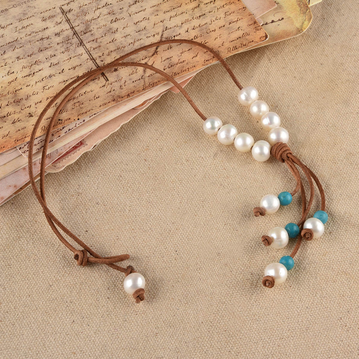 Turquoise Beads Leather Lariat Necklace