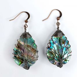 Tree of Life Earrings Teardrop Abalone Paua Shell with Copper Wire Wrapped